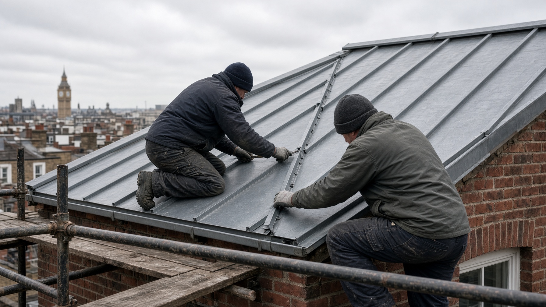 Professional metal roofers forming standing-seam zinc on a London roof