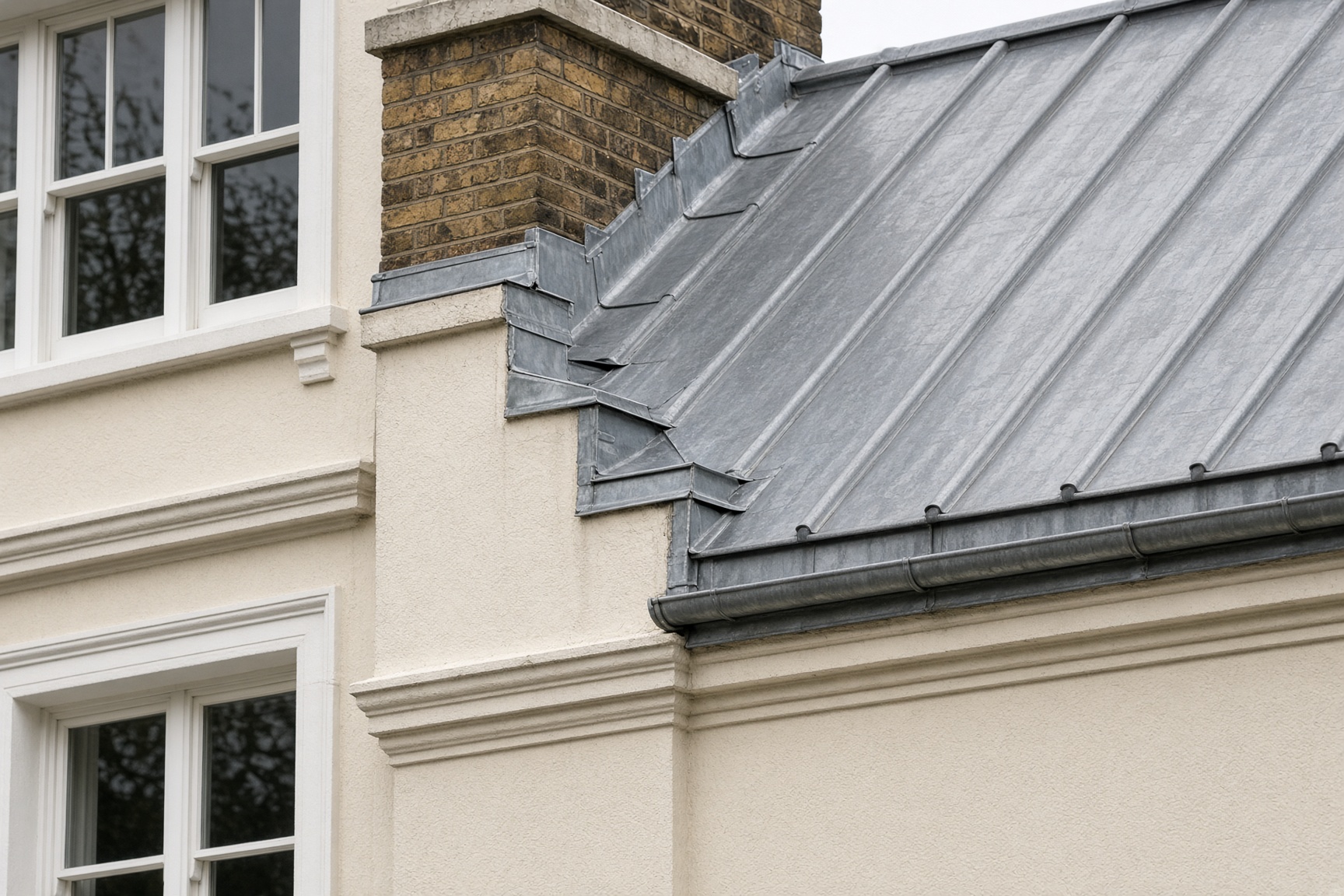 Traditional zinc roof detailing on a listed London townhouse