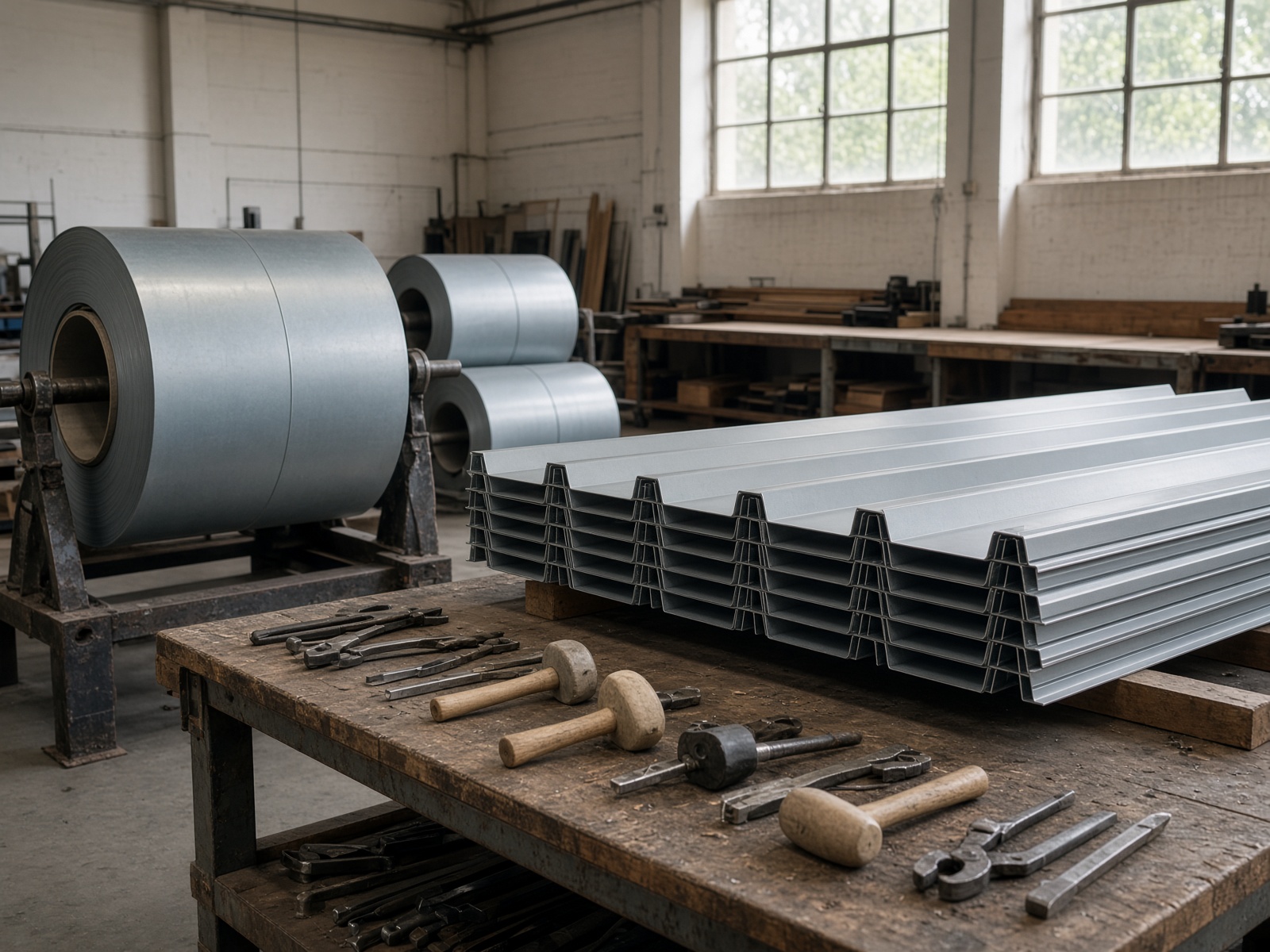 Zinc coils and formed standing-seam panels in a metal roofing workshop