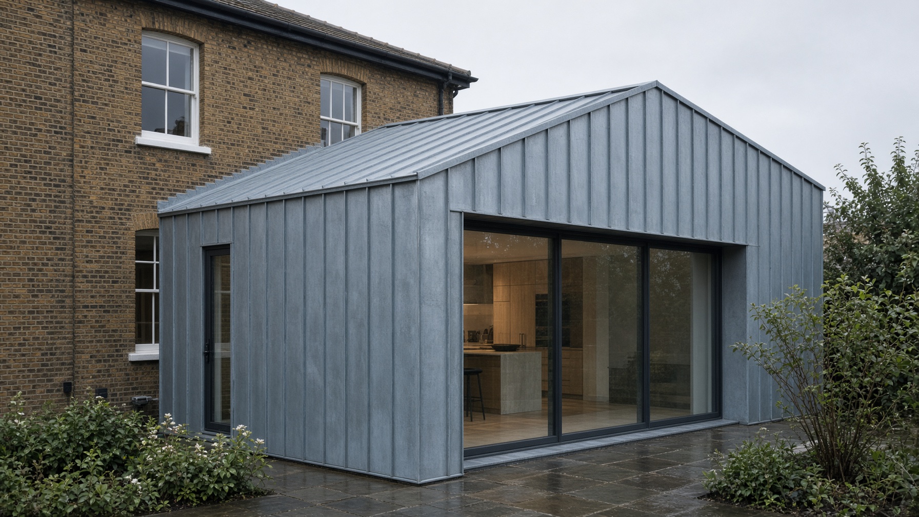 Completed standing-seam zinc extension on a London brick house