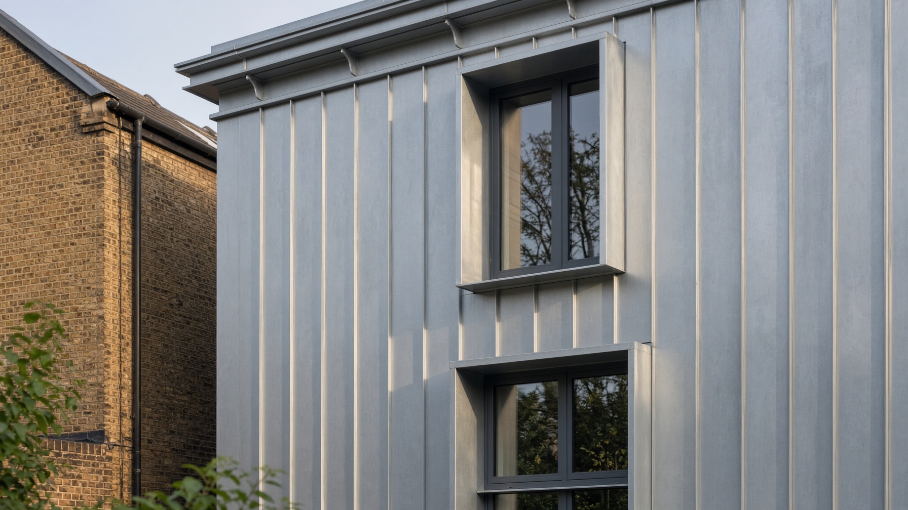 Precise standing-seam zinc facade on a contemporary London house